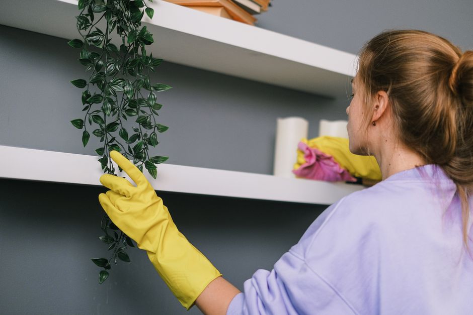 Back view of unrecognizable young woman in casual clothes and protective gloves wiping shelf with rag in apartment in daytime